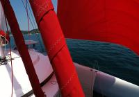 trimaran yacht proue rouleau génois voile et rouge gennaker